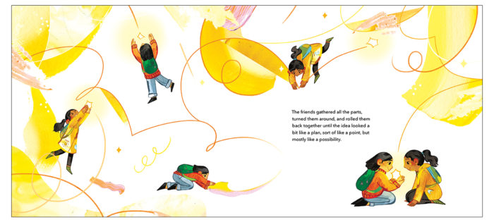 A spread from Hold That Thought showing Finn and a friend trying to catch the idea.