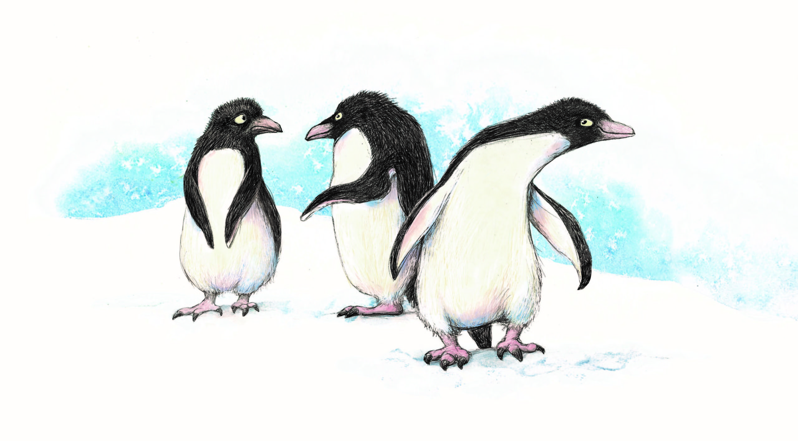 Art from the title spread of Dig, Dance, Dive showing three penguins