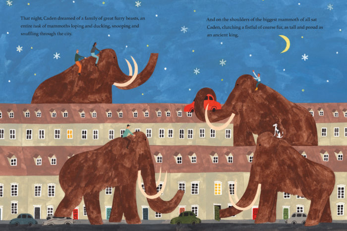 A spread from The Deepest Dig showing Caden and his family riding on mammoths in the night.