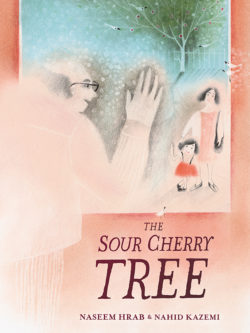 Book cover, The Sour Cherry Tree, featuring a grandfather waving at a girl and her mother