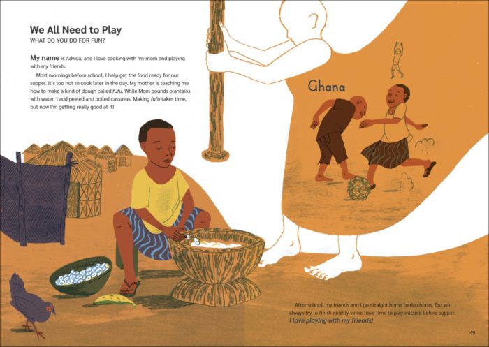 A spread from Same Here! showing Sophie Casson's favourite images of a child in Ghana playing and working.