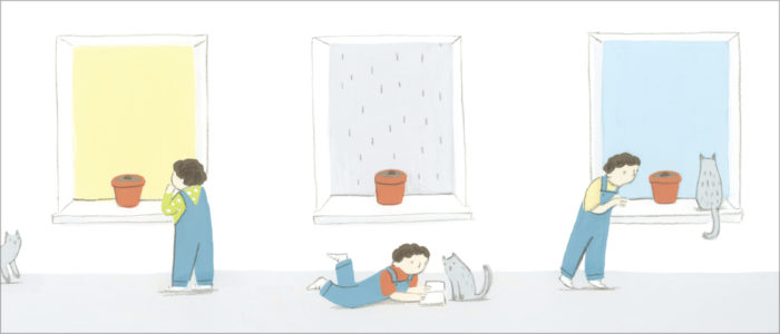 Repeated illustration of a child monitoring an avocado pit growing in a plant pot.
