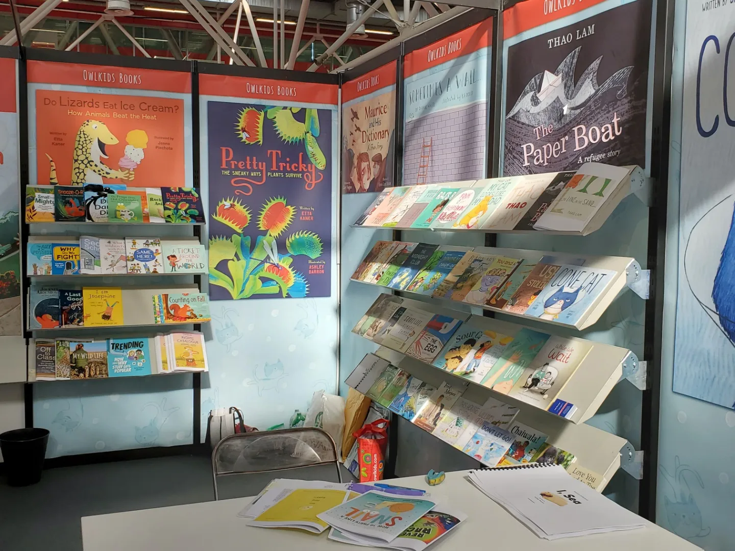 Photo showing the Owlkids Books booth at the Bologna Book Fair