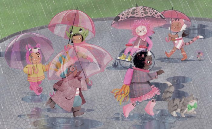 Illustration showing the characters in the rain, referring to Udayana's answer about the most challenging spread to illustrate.
