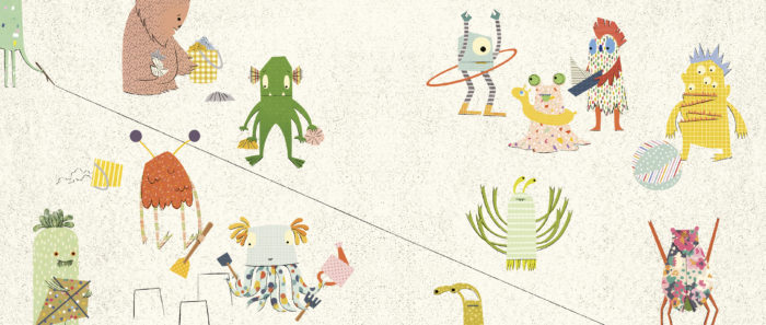 Spread from the book showing the monsters on the sand, suddenly noticing the line that divides them.