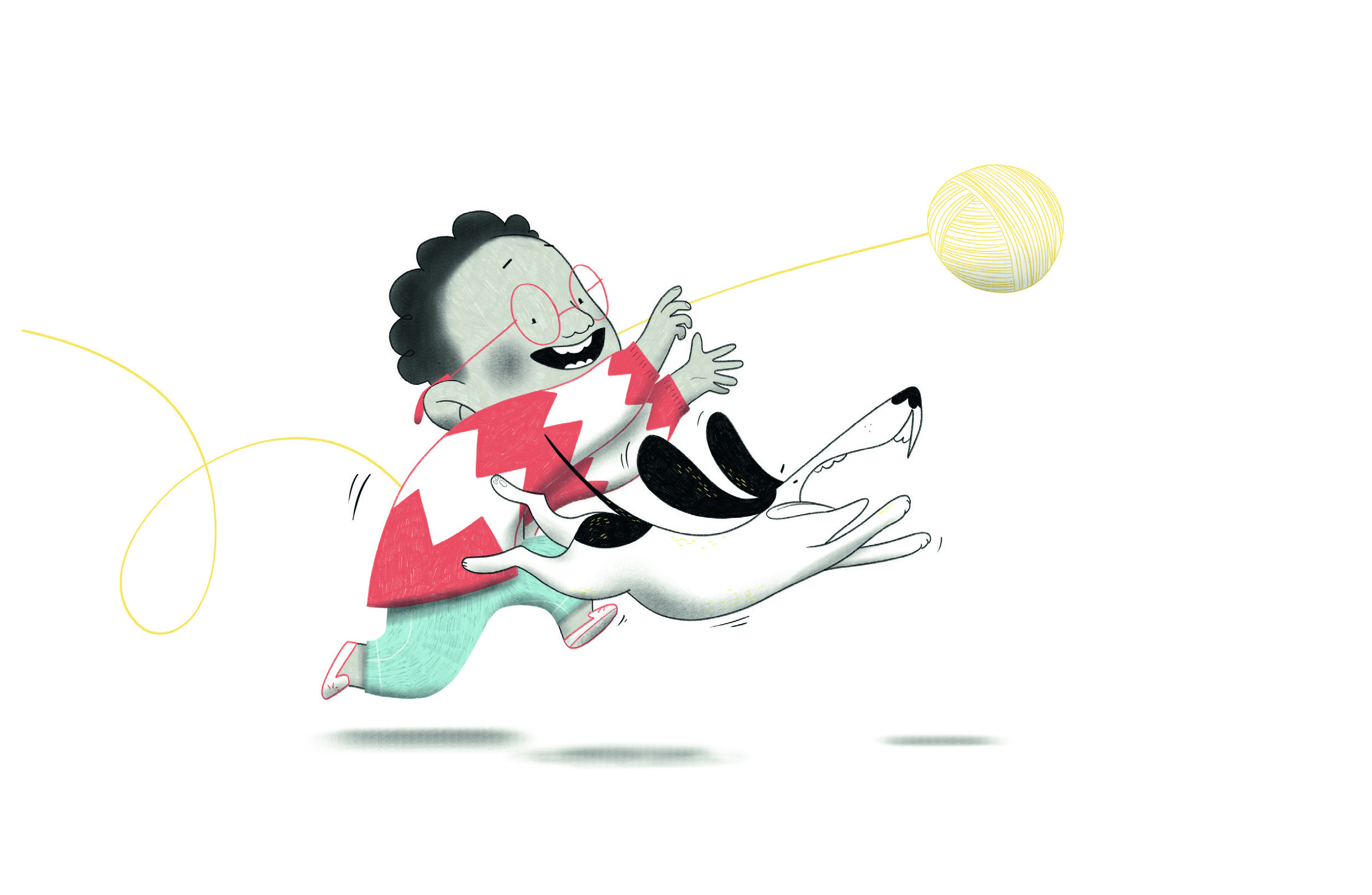Image from While We Wait showing a young boy and a dog chasing a ball of yarn