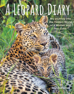 Cover of A Leopard Diary, showing the book's title, subtitle, author, and a photo of a leopard mother and her young cub looking at the camera
